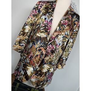 Zara Womens Jacket Blazer Size M Tropical Floral Satin Multicolored Gold Pearl